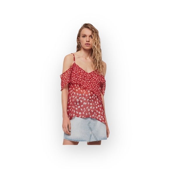new Allsaints ꕥ Off Shoulder Ruffled Silk Floral Print Top ꕥ Red ꕥ Wear 2 Ways - Picture 15 of 16